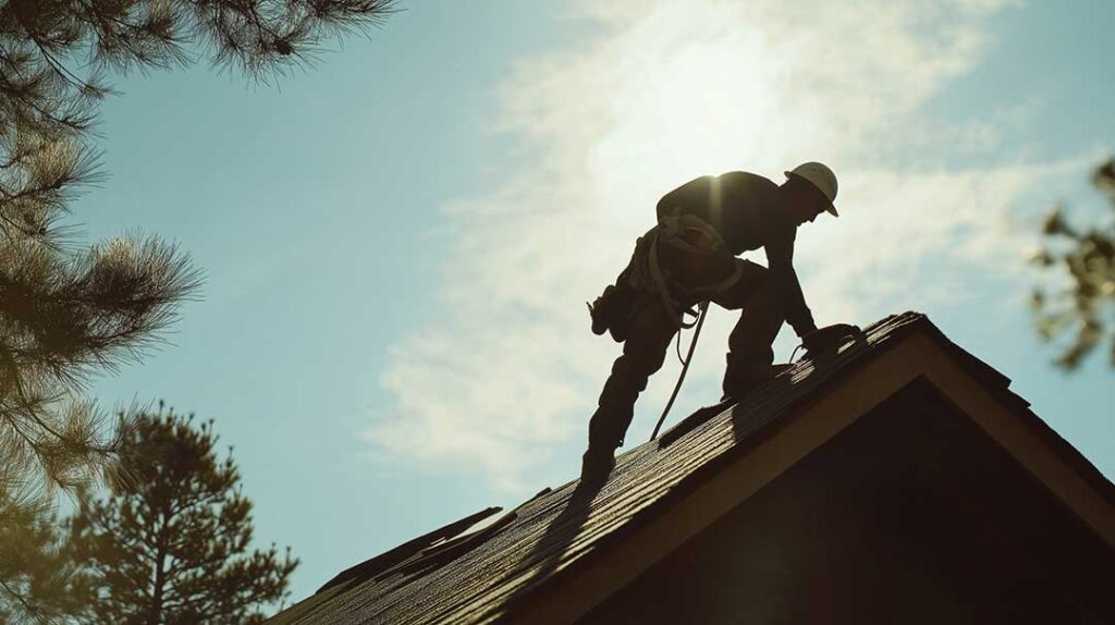 Roofing worker examines damaged shingles beside a ladder while a homeowner reviews repair notes.