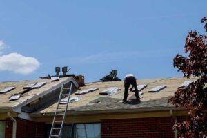 Roof edge with a damaged soffit, vent opening, and visible signs of animal entry near an attic.